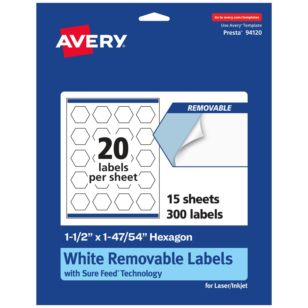 Avery Matte White Removable Hexagon Labels with Sure Feed Technology, Print-to-the-Edge, 1-1/2" x 1-47/54"